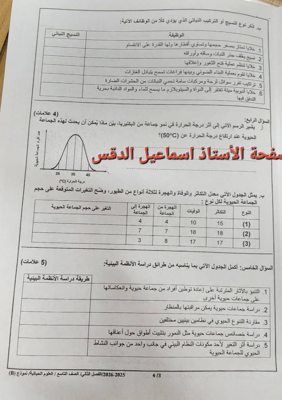 بالصور امتحان العلوم الحياتية الاحياء النهائي للصف التاسع الفصل الثاني 2026 نموذج وكالة بالصور امتحان العلوم الحياتية الاحياء النهائي للصف التاسع الفصل الثاني 2026 نموذج وكالة